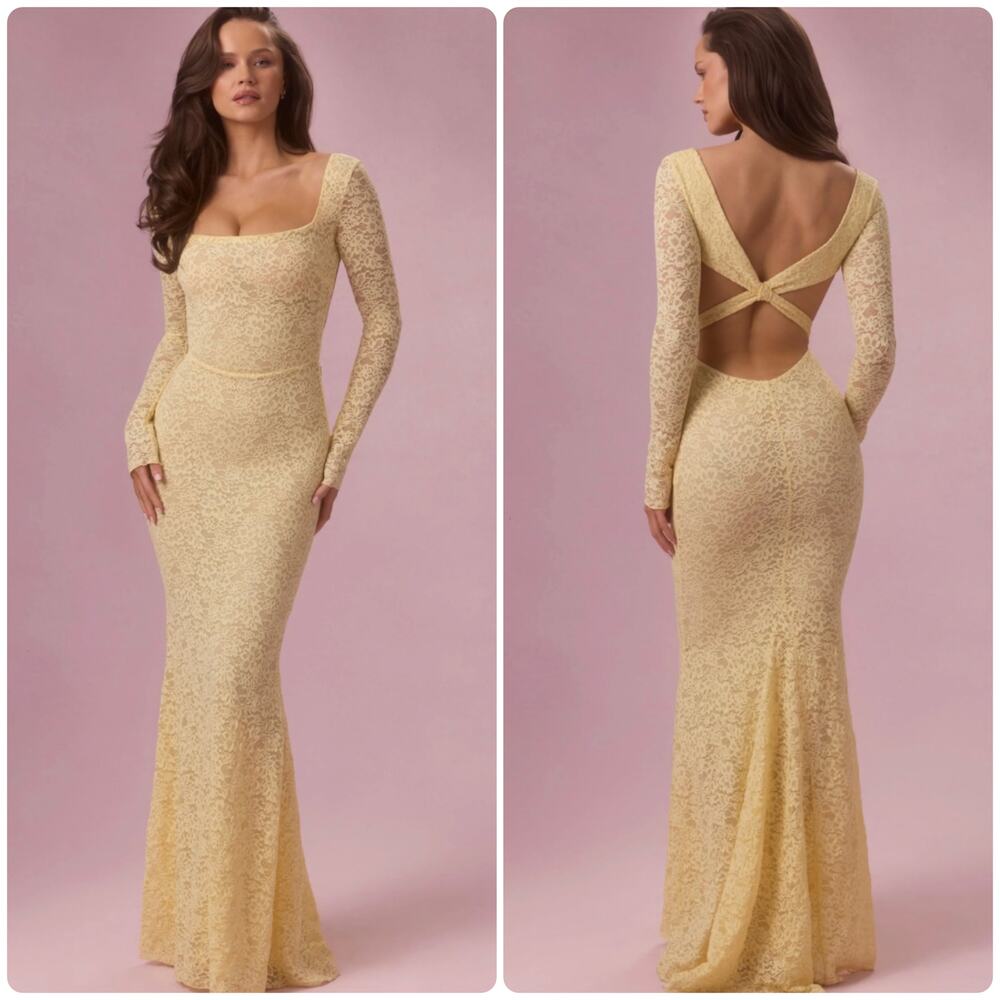 Oh Polly Isolde Premium Lace Long-Sleeve Maxi Dress in Butter Yellow Size M New
